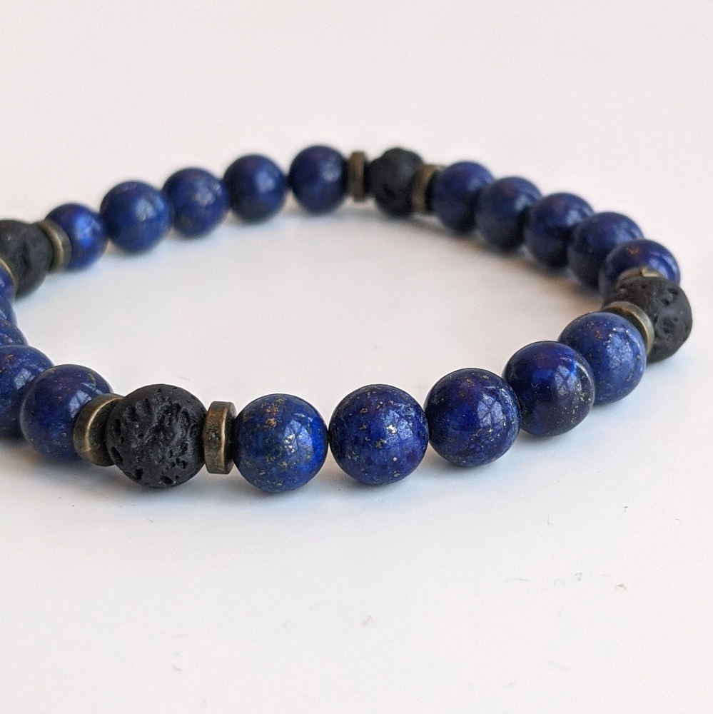 Lapis Lazuli and Lava Bead Stretch Bracelet - Picture 1 of 7